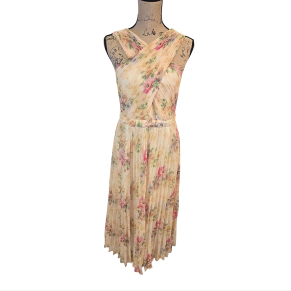 Ted Baker Amerah Light Yellow Pink Cross Front Pleated Midi Dress Size 3 Med 8 - Picture 2 of 16